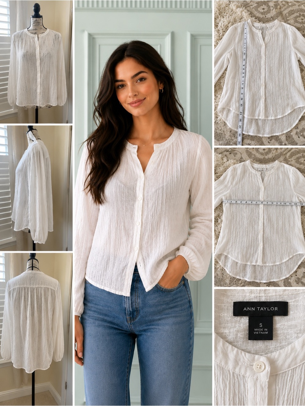 Ann Taylor White Crinkle Button Front Blouse Size Small Long Sleeve - Picture 2 of 10
